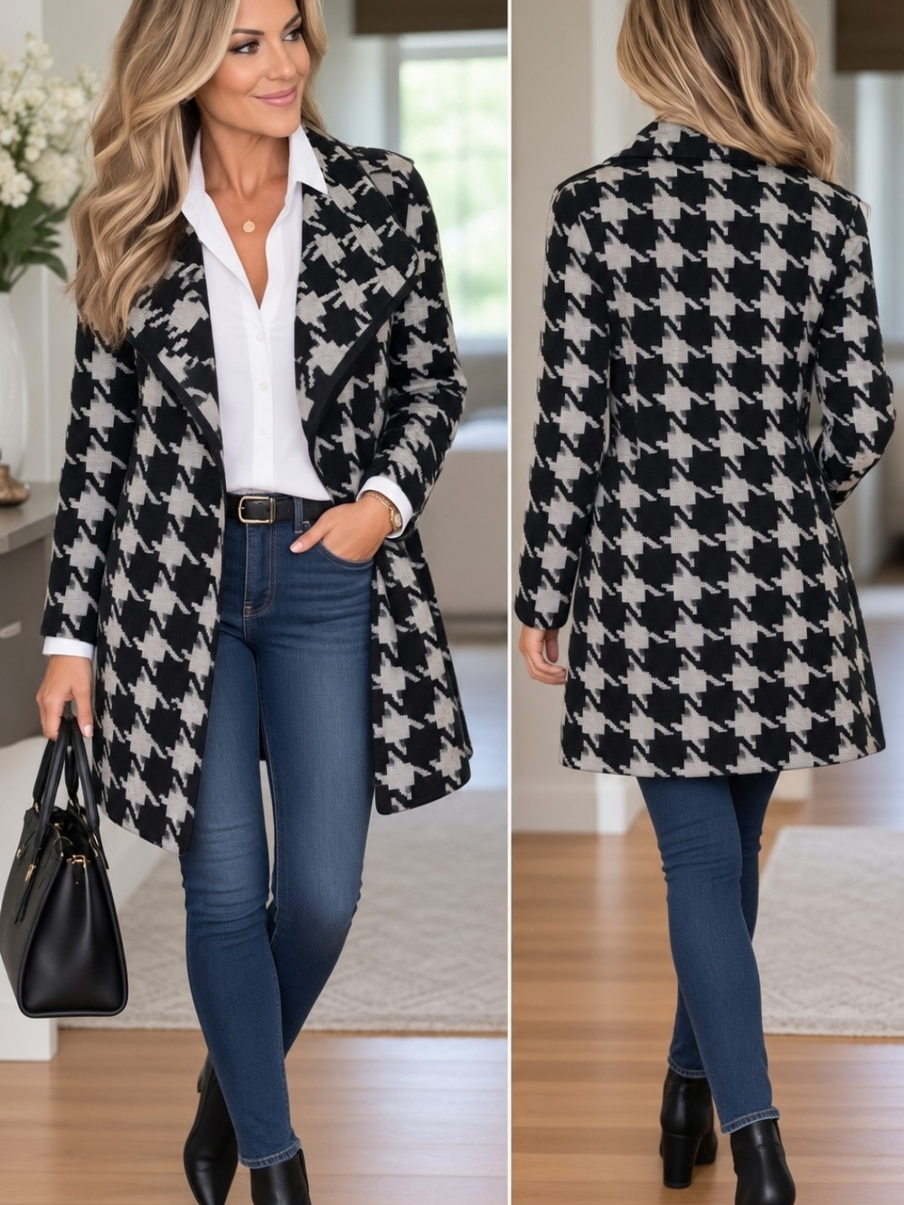Roz & Ali Black and White Houndstooth Blazer Coat